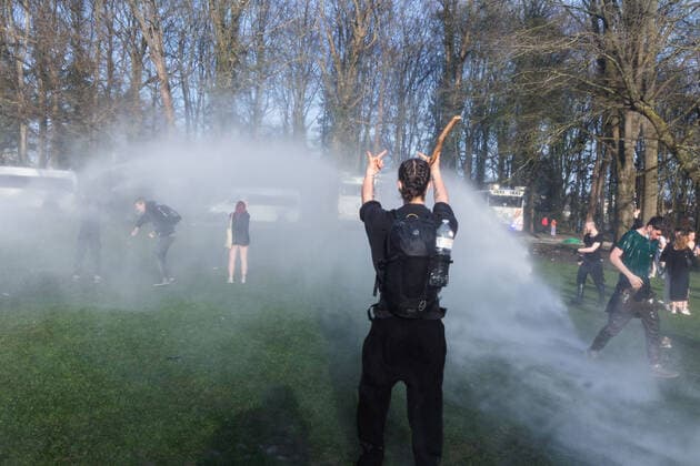 April 1, 2021, Brussels, Belgium: Protest against sanitary measures and wild party called La Boum in Brussels, social distancing was rarely respected and the wearing of masks also, a lot of tension and violence between police and demonstrators. Brussels Belgium - ZUMAb331 20210401_zaf_b331_032 Copyright: xArnaudxBrianx