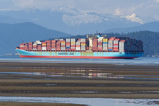 April 1, 2021, Vancouver, British Columbia, Canada: The container ship Anna Maersk at anchor in Burrard Inlet, the outer harbor for the Port of Vancouver, Canada. The parent company of the Maersk Line is A.P. Moller-Maersk. Vancouver Canada - ZUMAs202 20210401_zap_s202_001 Copyright: xBaynexStanleyx