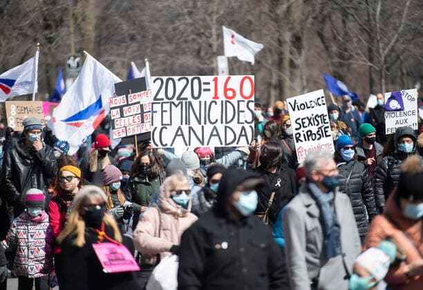 April 2, 2021, Montreal, PQ, Canada: People take part in a demonstration to highlight violence against women in Montreal, Friday, April 2, 2021. Montreal Canada  - ZUMAc35_ 20210402_zaf_c35_039 Copyright: xGrahamxHughesx