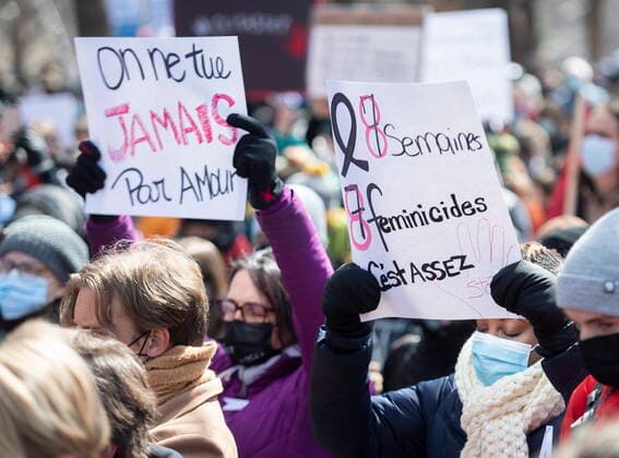 April 2, 2021, Montreal, PQ, Canada: People take part in a demonstration to highlight violence against women in Montreal, Friday, April 2, 2021. Montreal Canada  - ZUMAc35_ 20210402_zaf_c35_046 Copyright: xGrahamxHughesx