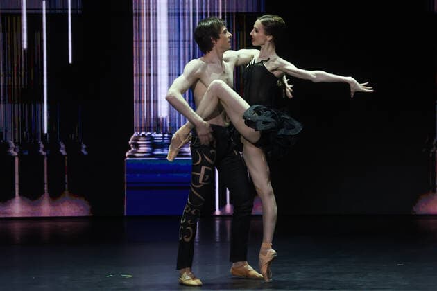 MOSCOW, RUSSIA â€“ APRIL 2, 2021: Bolshoi principal dancer Svetlana Zakharova (R) performs during the 2021 BraVo music awards ceremony at the Bolshoi Theatre. BraVo is an international professional music award presented to artists for their contribution to classical art and popular music. This year, the award is presented for achievement in classical art in the past two years. Vyacheslav Prokofyev TASS  TS0FB5CB