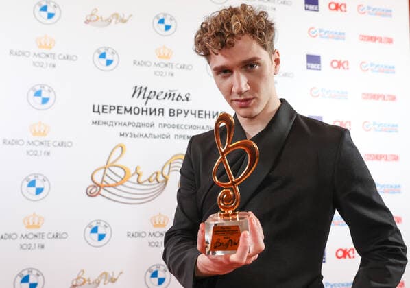 MOSCOW, RUSSIA â€“ APRIL 2, 2021: Composer Kirill Richter poses with an award during the 4th BraVo music awards ceremony at the Bolshoi Theatre. BraVo is an international professional music award presented to artists for their contribution to classical art and popular music. This year, the award is presented for achievement in classical art in the past two years. Vyacheslav Prokofyev TASS  TS0FB55B