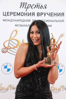MOSCOW, RUSSIA â€“ APRIL 2, 2021: Indonesian-born French singer-songwriter Anggun poses with an award during the 2021 BraVo music awards ceremony at the Bolshoi Theatre. BraVo is an international professional music award presented to artists for their contribution to classical art and popular music. This year, the award is presented for achievement in classical art in the past two years. Vyacheslav Prokofyev TASS  TS0FB56A