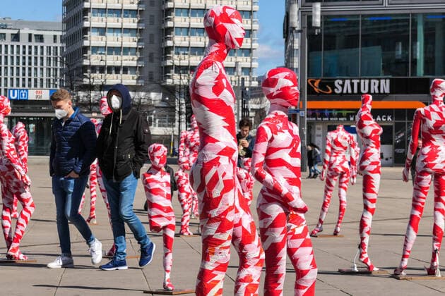 (210403) -- BERLIN, April 3, 2021 -- Mannequins wrapped in warning tapes are displayed at the memorial installation It is like it is to show separations caused by the COVID-19 pandemic and call on people to value everything around them more at Alexanderplatz in Berlin, capital of Germany, April 2, 2021. (Photo by Xinhua) GERMANY-BERLIN-MEMORIAL INSTALLATION- IT IS LIKE IT IS StefanxZeitz 