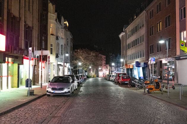 Like an abandoned city. Aachen on Easter vigil between 10 p.m. and 11 p.m. View into the deserted Kleinmarschierstrasse. In Aachen on April 3, 2021 GERMANY - AACHEN - EASTER Easter 2021 Covid Pandemic