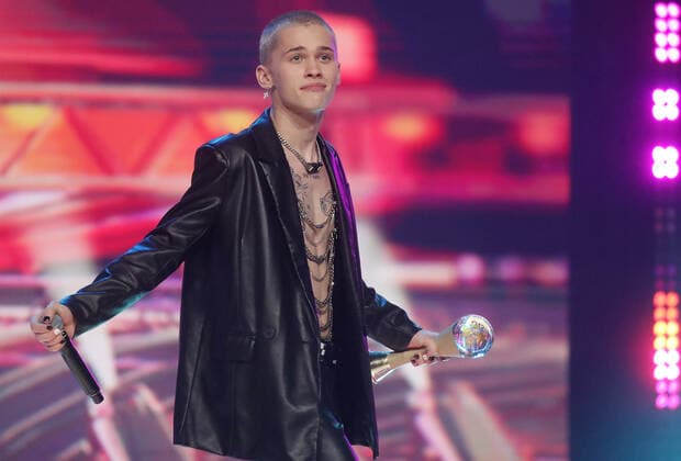 MOSCOW REGION, RUSSIA - APRIL 4, 2021: Blogger, rapper Danya Milokhin, the winner in the Generational Bridge category, at the 2021 Zhara Music Awards ceremony at the Crocus City Hall. Vyacheslav Prokofyev TASS  TS0FB929