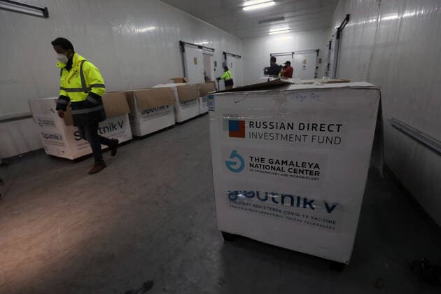 (210404) -- TRIPOLI, April 4, 2021 -- COVID-19 vaccines are seen in Tripoli, Libya, on April 4, 2021. The Libyan Minister of Health Ali Zanati on Sunday announced that a shipment of 101,250 doses of Russia s Sputnik V COVID-19 vaccine, provided by the United Arab Emirates, arrived in Tripoli. (Photo by Xinhua) LIBYA-TRIPOLI-COVID-19 VACCINE-ARRIVAL HamzaxTurkia 