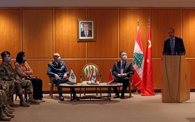 (210407) -- BEIRUT, April 7, 2021 -- Lebanese Caretaker Health Minister Hamad Hassan (1st R) speaks at the handover ceremony of the Sinopharm vaccines donated by China at the Rafic Hariri International Airport in Beirut, Lebanon, April 6, 2021. Two batches of Sinopharm vaccines donated by China arrived in Lebanon on Tuesday. (Photo by Xinhua) LEBANON-BEIRUT-COVID-19-CHINESE VACCINES-ARRIVAL BilalxJawich 