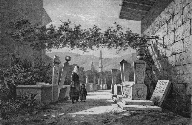 Die Graeber der Tataren in Baktschifarai, Bachtschyssaraj, Krim, Ukraine, historischer Stich, 1869 494144.jpg