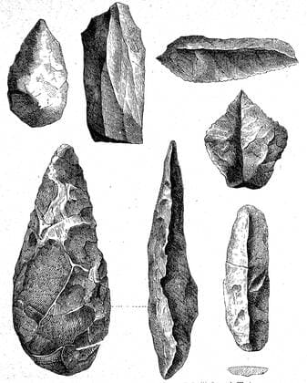 Weapons and tools of the Stone Age people, hand axe, illustration from 1880 Waffen und Werkzeuge der Menschen der Steinzeit, Faustkeil, Illustration aus 1880, Historisch, historical, digital improved reproduction of an original from the 19th century digitale Reproduktion einer Originalvorlage aus dem 19. Jahrhundert, , (Originaldatum nicht bekannt) 4964120