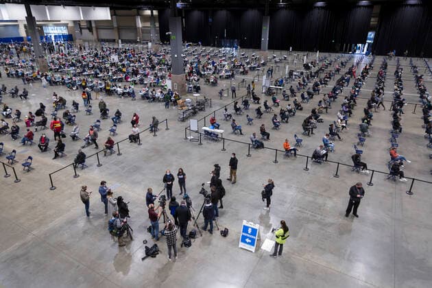 April 7, 2021, Seattle, Washington, USA: Seattle mayor JENNY DURKAN holds a press conference as patients receive their first doses of the PfizerÃ¢â‚¬BioNTech COVID-19 vaccine at the Lumen Field Event Center in Seattle on Wednesday, April 7, 2021. The City of Seattle administered a record 7,615 doses of vaccine at the site on Wednesday. Seattle USA - ZUMAg235 20210407_zap_g235_014 Copyright: xPaulxChristianxGordonx
