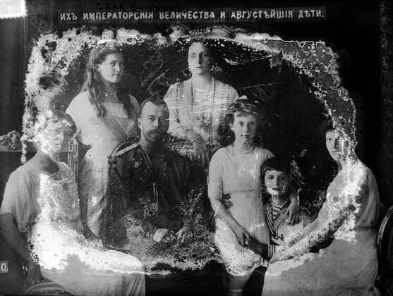 Photograph shows members of the Romanovs, the last royal family of Russia who, after the February revolution of 1917 were sent into internal exile in Tobolsk. Standing (left to right) are Marie and Queen Alexandra. Seated (left to right) are Czar Nicholas II, Anastasia, Alexei and Tatiana. WorldxHistoryxArchive 917_05_WHA_152_0643