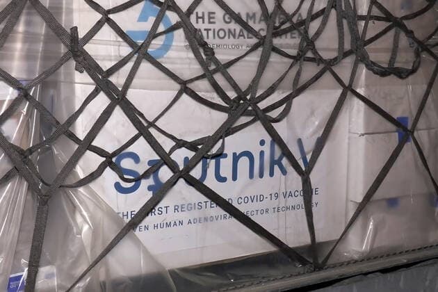 YEREVAN, ARMENIA - APRIL 8, 2021: The first batch of the Gam-COVID-Vac (Sputnik V) COVID-19 vaccine (15,000 doses) is pictured at Zvartnots International Airport. The vaccine will be used for vaccination of people at risk of severe COVID-19 illness. Best quality available. Video screen grab. The Republic of Armenia Ministry of Health TASS A STILL IMAGE TAKEN FROM VIDEO PROVIDED BY A THIRD PARTY. EDITORIAL USE ONLY  TS0FBF64
