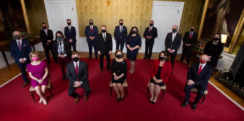 April 8, 2021, St. John s, NL, Canada: Newfoundland and Labrador Premier Andrew Furey and his Cabinet pose for a group portrait with Lieutenant Governor Judy Foote following the government s swearing in ceremony, at Government House in St. John s, Thursday, April 8, 2021. St. John s Canada  - ZUMAc35_ 20210408_zaf_c35_048 Copyright: xPaulxDalyx