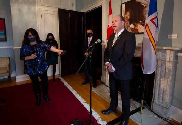 April 8, 2021, St. John s, NL, Canada: John Abbott, a former Liberal leadership candidate, takes questions from the media following the government s swearing in ceremony, at Government House in St. John s, Thursday, April 8, 2021. Abbott takes on the roles of Minister of Children, Seniors and Social Development, Minister Responsible for the Status of Persons with Disabilities, Minister Responsible for the Community Sector, Minister Responsible for the Newfoundland and Labrador Housing Corporation. St. John s Canada - ZUMAc35_ 20210408_zaf_c35_049 Copyright: xPaulxDalyx