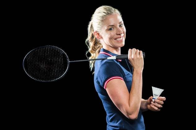 Badminton player holding racket and shuttlecock Badminton player holding racket and shuttlecock on black background, model released, Cape Town, South Africa, 14.10.2015, 714265.jpg, isolated, cut out, olympic, olympics, sports, game, sportswear, holding, badminton, racket, sport, strings, pose, posing, shuttlecock, feather, smiling, cheerful, racquet, player, sportswoman, athlete, athletic, physical, fit, fitness, sporty, competition, championship, determination, concentration, leisure, activity, focused, vitality, strength, strong, lifestyle, hobby, confident, stamina, effort, happy, wellness 30s, Mid Adult, Woman, Female, Caucasian, 30-34 Years, Mid Adult Women, Caucasian Ethnicity Studio shot,Front view,Portrait,Looking at camera,Head