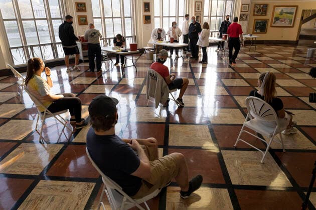April 8, 2021, Charleston, West Virginia, United States: University of Charleston students wait 15 minutes after receiving the vaccine to make sure they do not have an adverse reaction, in Riggleman Hall..The Kanawha-Charleston Health Department led a vaccination effort on the campus of the University of Charleston. 1,800 doses of the Johnson & Johnson Janssen Covid-19 vaccine were on hand to be given out to all persons aged 16 years and older. Charleston United States - ZUMAs197 20210408_zaa_s197_246 Copyright: xStephenxZennerx