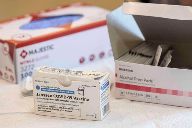 April 8, 2021, Charleston, West Virginia, United States: A box of the vaccine lies on a table during the vaccination in Riggleman Hall..The Kanawha-Charleston Health Department led a vaccination effort on the campus of the University of Charleston. 1,800 doses of the Johnson & Johnson Janssen Covid-19 vaccine were on hand to be given out to all persons aged 16 years and older. Charleston United States - ZUMAs197 20210408_zaa_s197_234 Copyright: xStephenxZennerx