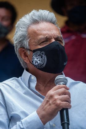 April 9, 2021, Quito, Pichincha, Ecuador: President of Ecuador, Lenin Moreno wearing a facemask gives a statement to the press during the first phase of Pfizer COVID19 vaccination in Quito..The first phase of COVID19 Vaccination in Ecuador has been carried out starting with persons with disabilities. This vaccination program is designed to reach their homes, on this occasion the beneficiary was Camita Quichuela, a 41-year-old woman who has 80% intellectual disability (ID) and is totally dependent on the care of her mother. The President of Ecuador Lenin Moreno was present at the event. Quito Ecuador - ZUMAs197 20210409_zaa_s197_278 Copyright: xJuanxDiegoxMontenegrox