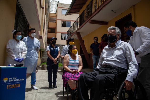 April 9, 2021, Quito, Pichincha, Ecuador: President of Ecuador Lenin Moreno arrives at Carmita Quichuela s home during the first phase of Covid19 vaccination in Quito..The first phase of COVID19 Vaccination in Ecuador has been carried out starting with persons with disabilities. This vaccination program is designed to reach their homes, on this occasion the beneficiary was Camita Quichuela, a 41-year-old woman who has 80% intellectual disability (ID) and is totally dependent on the care of her mother. The President of Ecuador Lenin Moreno was present at the event. Quito Ecuador - ZUMAs197 20210409_zaa_s197_280 Copyright: xJuanxDiegoxMontenegrox