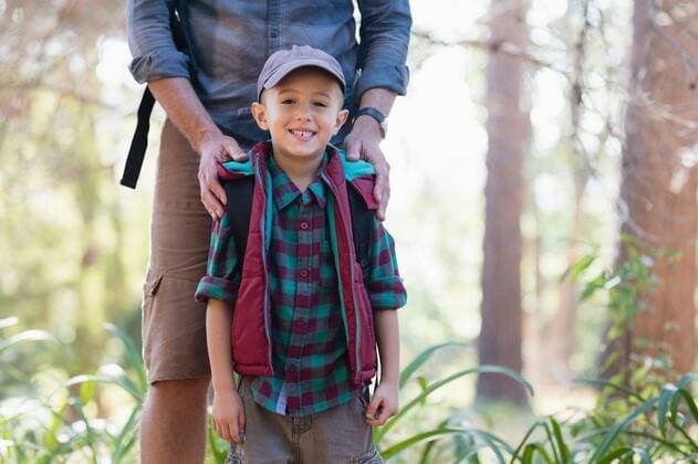 Portrait of happy boy standing with father Portrait of happy elementary boy standing with father in forest, model released, Cape Town, South Africa, 02.03.2017, 975020.jpg, adventure, adventurer, hiking, hike, nature, environment, activity, recreation, leisure, lifestyle, exploration, forest, family with one child, one parent, father, son, casual, love, together, bonding, tree, growth, weekend activities, backpack, cap, blue, standing, happy, smiling Outdoors,Front view,Focus on Foreground,Portrait,Looking at camera,Day