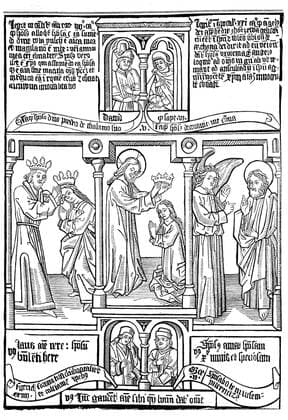 episodes from a block-book Biblia Pauperum illustrating typological correspondences between the Old and New Testaments Ein Blatt der Armenbibel, Biblia Pauperum aus dem 15. Jahrhundert, , Historisch, historical, digital improved reproduction of an original from the 19th century digitale Reproduktion einer Originalvorlage aus dem 19. Jahrhundert, Originaldatum nicht bekannt 4963298