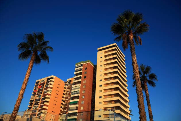 Malaga, Hochhaeuser und Palmen an der Hafenpromenade Muelleuno, Spanien, Andalusien