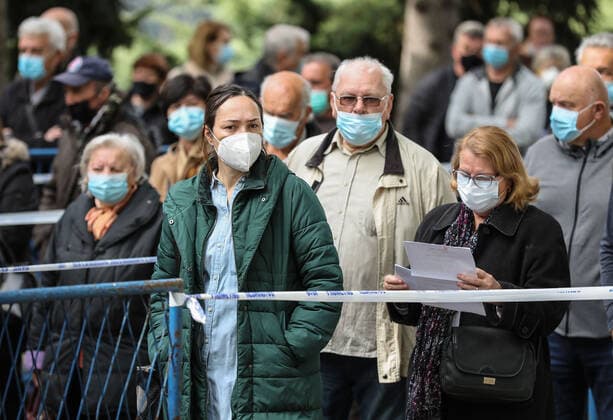 PXL_Mass vaccination in Zagreb People queue outside Zagreb Fair hall during a mass vaccination at Zagreb Fair hall in Zagreb,Croatia on April 12, 2021.By the end of the day 5,000 citizens should receive the AstraZeneca COVID-19 vaccine JuricaxGaloic PIXSELL