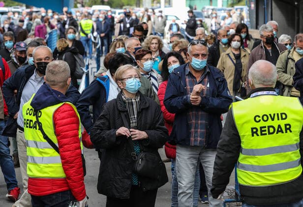 PXL_Mass vaccination in Zagreb People queue outside Zagreb Fair hall during a mass vaccination at Zagreb Fair hall in Zagreb,Croatia on April 12, 2021.By the end of the day 5,000 citizens should receive the AstraZeneca COVID-19 vaccine JuricaxGaloic PIXSELL