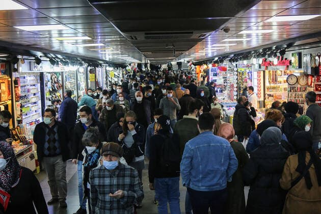 April 12, 2021, Istanbul, Turkey: People wearing facemasks are seen walking in the underpass market in Eminonu, Istanbul..President Erdogan is expected to announce the new coronavirus measures to be implemented during the month of Ramadan which is starting tomorrow. Istanbul Turkey - ZUMAs197 20210412_zab_s197_047 Copyright: xHakanxAkgunx