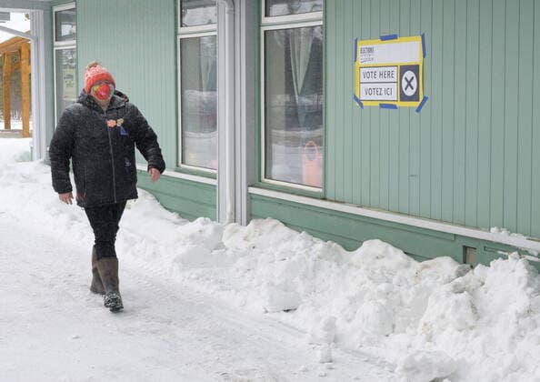 April 12, 2021: NDP Leader Kate White walks to a Whitehorse polling station during the Yukon election on Monday April 12, 2021. Polls have opened across Yukon as the Liberal government led by Sandy Silver seeks a second term.  - ZUMAc35_ 20210412_zaf_c35_047 Copyright: xMarkxKellyx