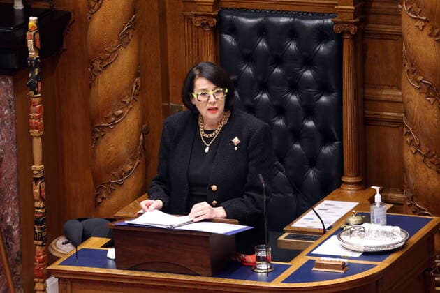 April 12, 2021, Victoria, BC, Canada: Lt.- Gov. Janet Austin delivers the throne speech at Legislature in Victoria, B.C., on Monday, April 12, 2021. Victoria Canada  - ZUMAc35_ 20210412_zaf_c35_069 Copyright: xChadxHipolitox