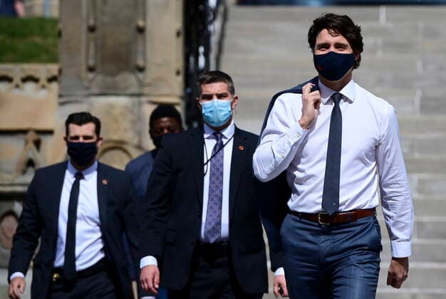 April 13, 2021, Gatineau, on, Canada: Prime Minister Justin Trudeau makes his way to hold a press conference during the COVID-19 pandemic in Ottawa on Tuesday, April 13, 2021. Gatineau Canada  - ZUMAc35_ 20210413_zaf_c35_014 Copyright: xSeanxKilpatrickx