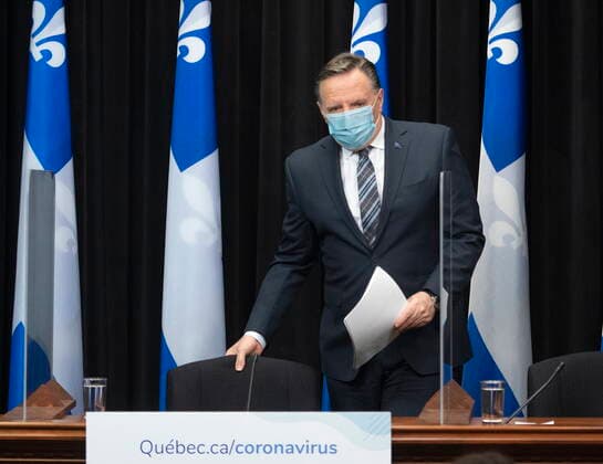 April 13, 2021, QUEBEC, PQ, Canada: Quebec Premier Francois Legault walks in a news conference on the COVID-19 pandemic, Tuesday, April 13, 2021 at the legislature in Quebec City. QUEBEC Canada  - ZUMAc35_ 20210413_zaf_c35_044 Copyright: xJacquesxBoissinotx
