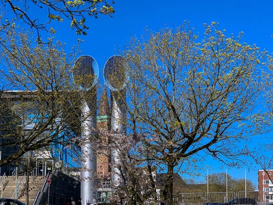 Blühende Bäume im Frühjahr vor der Veranstaltungshalle Wunderino-Arena (Ostseehalle) im Frühjahr