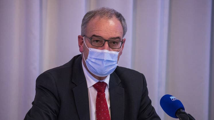 Zürich, Schweiz - 15. April 2021: Guy Parmelin, Bundespräsident steht in diesem Jahr besonders im Mittelpunkt und unter Druck unter anderem wegen der Coronavirus Pandemie, aber auch wegen dem institutionellen Rahmenabkommen mit der EU. Zeitgeschehen