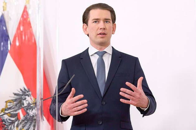 - Wien 16.04.2021 - Coronavirus-Krise - Nach den Gesprächen mit Experten, der Opposition und den Landeshauptleuten gab es am Nachmittag eine Pressekonferenz im Bundeskanzleramt. PHOTO: Bundeskanzler Sebastian Kurz (ÖVP) während der Pressekonferenz. Vienna (Austria) - After the talks with experts, the opposition and the governors, there was a press conference in the Federal Chancellery in the afternoon. PK nach Coronagesprächen