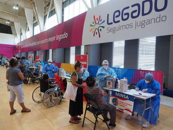 April 17, 2021, Lima, Lima, Peru: Elderly waiting to be inoculated with the Covid-19 vaccine in a sports center. The Peruvian Government enabled the sports venues of the Lima 2019 Pan American Games as vaccination centers. Lima Peru - ZUMAg240 20210417_zip_g240_003 Copyright: xCarlosxGarciaxGranthonx