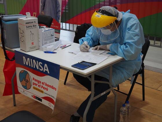 April 17, 2021, Lima, Lima, Peru: Medical staff at a vaccination post in a sports center. The Peruvian Government enabled the sports venues of the Lima 2019 Pan American Games as vaccination centers. Lima Peru - ZUMAg240 20210417_zip_g240_009 Copyright: xCarlosxGarciaxGranthonx