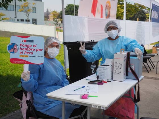 April 17, 2021, Lima, Lima, Peru: Medical staff at a vaccination post in a sports center. The Peruvian Government enabled the sports venues of the Lima 2019 Pan American Games as vaccination centers. Lima Peru - ZUMAg240 20210417_zip_g240_021 Copyright: xCarlosxGarciaxGranthonx
