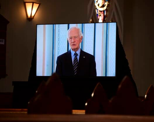April 17, 2021, Ottawa, on, Canada: David Johnston, Former Governor General of Canada, gives a virtual tribute during the National Commemorative Ceremony in honour of Prince Philip, The Duke of Edinburgh, at Christ Church Cathedral in Ottawa on Saturday, April 17, 2021. Ottawa Canada  - ZUMAc35_ 20210417_zaf_c35_008 Copyright: xSeanxKilpatrickx