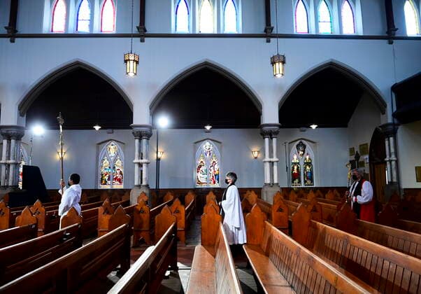 April 17, 2021, Ottawa, on, Canada: The Crucifer, left to right, leads Reverend Elizabeth J. Bretzlaff, Dean of Ottawa and Rector of Christ Church Cathedral and Reverend Shane A. D. Parker, Bishop of the Anglican Diocese of Ottawa, as they take part in a procession during the National Commemorative Ceremony in honour of Prince Philip, The Duke of Edinburgh, at Christ Church Cathedral in Ottawa on Saturday, April 17, 2021. Ottawa Canada  - ZUMAc35_ 20210417_zaf_c35_012 Copyright: xSeanxKilpatrickx