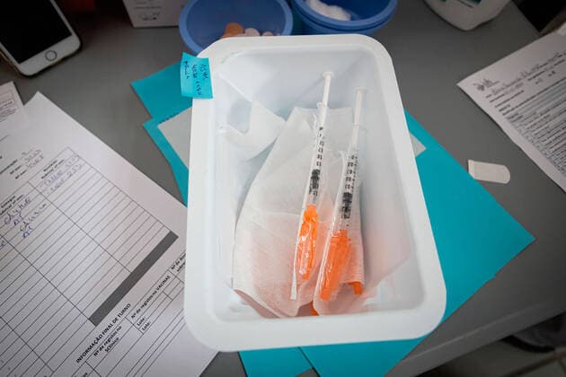 April 17, 2021, Matosinhos, Porto, Portugal: Syringes filled with Cominarty vaccine ready to be used at the vaccination center..The nationwide mass vaccination of teachers and school staff started on 17th April in the Matosinhos Vaccination Centre, 1952 people were vaccinated on the first Saturday with Cominarty vaccine produced by Pfizer. Matosinhos Portugal - ZUMAs197 20210417_zaa_s197_258 Copyright: xTeresaxNunesx