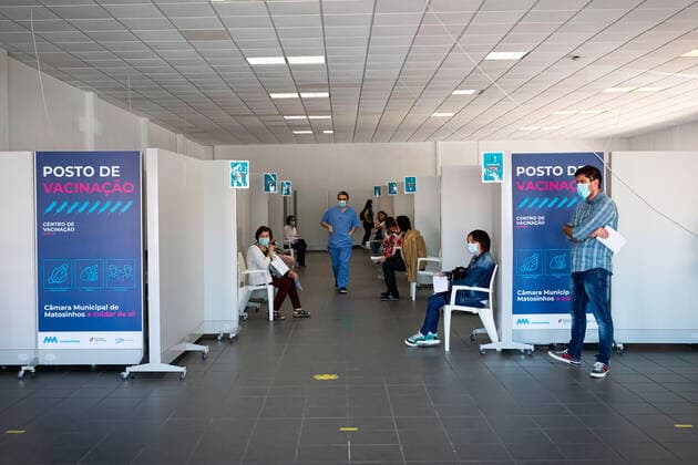 April 17, 2021, Matosinhos, Porto, Portugal: Teachers and school staff wait next to the vaccination booths before getting called to be vaccinated..The nationwide mass vaccination of teachers and school staff started on 17th April in the Matosinhos Vaccination Centre, 1952 people were vaccinated on the first Saturday with Cominarty vaccine produced by Pfizer. Matosinhos Portugal - ZUMAs197 20210417_zaa_s197_259 Copyright: xTeresaxNunesx