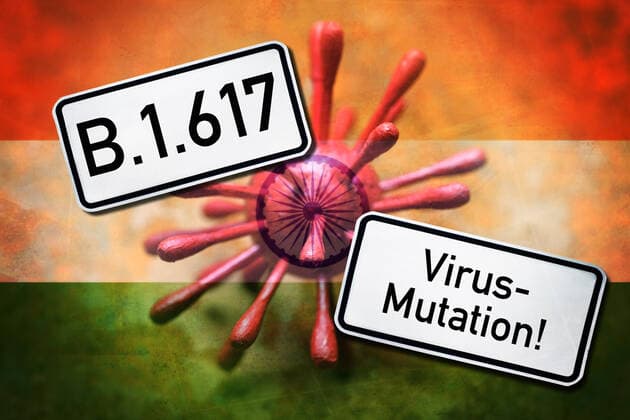 FOTOMONTAGE, Coronavirus und Fahne von Indien, Symbolfoto indische Virus-Mutation B.1.617
