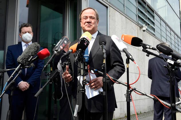 Armin Laschet bei einem Pressestatement zur Kanzlerkandidatur von Annalena Baerbock vor dem Konrad-Adenauer-Haus. Berlin, 19.04.2021