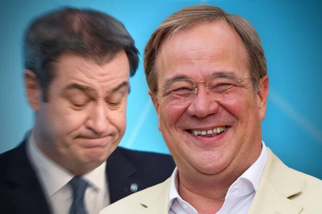 FOTOMONTAGE: Wird Laschet wirklich Kanzlerkandidat? Einer hat das Nachsehen.Von Armin Laschet heißt es: Er gibt die Spitzenkandidatur selbst dann nicht her, wenn Markus Soeder mit dem Fallschirm ueberm Kanzleramt abspringt. In der Nacht erzielte der CDU-Chef einen wichtigen Sieg. Aber reicht das? Heute ist der Tag der Entscheidung.
