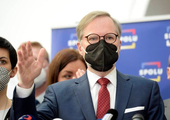 Chairman of the ODS party Petr Fiala speaks during a press conference on Vrbetice case before a meeting of the Chamber of Deputies, on April 20, 2021, in Prague, Czech Republic. (CTKxPhoto KaterinaxSulova) CTKPhotoP2021042003930  suk003