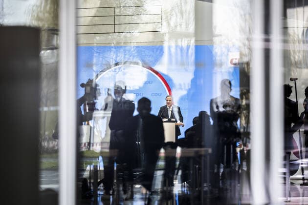 Armin Laschet, CDU, Ministerpraesidentin von Nordrhein-Westfalen und Parteivorsitzender der CDU, aufgenommen im Rahmen eines Pressestatements im Konrad-Adenauer-Haus in Berlin, 20.04.2021. Nachdem Markus Soeder zurueckgezogen hat, steht Laschet als Kanzlerkandidat fuer die kommende Bundestagswahl fest. Berlin Deutschland