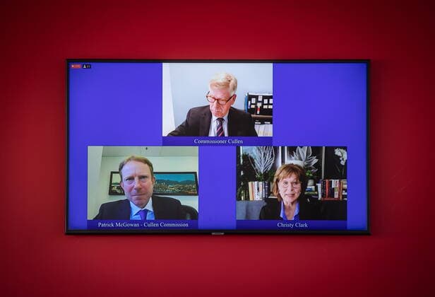 April 20, 2021, Vancouver, BC, Canada: Seen on a livestream, former B.C. premier Christy Clark testifies remotely during the Cullen Commission into money laundering, in Vancouver, on Tuesday, April 20, 2021. Pictured with her on the live stream are Commissioner Austin Cullen and co-lead counsel Patrick McGowan. Vancouver Canada  - ZUMAc35_ 20210420_zaf_c35_055 Copyright: xDarrylxDyckx